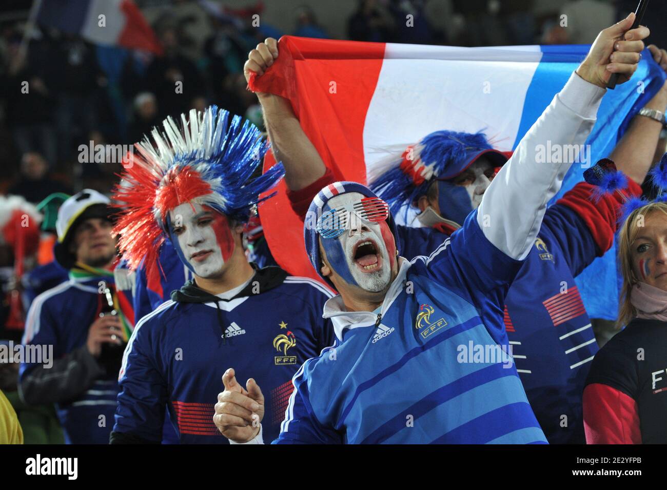 French fans demonstrate prior to the 2010 FIFA World Cup soccer match, Group A, France vs Mexico at Peter Mokaba Stadium, in Polokwane, South Africa on June 17, 2010. France won 2-0. Photo by Christophe Guibbaud/Cameleon/ABACAPRESS.COM Stock Photo