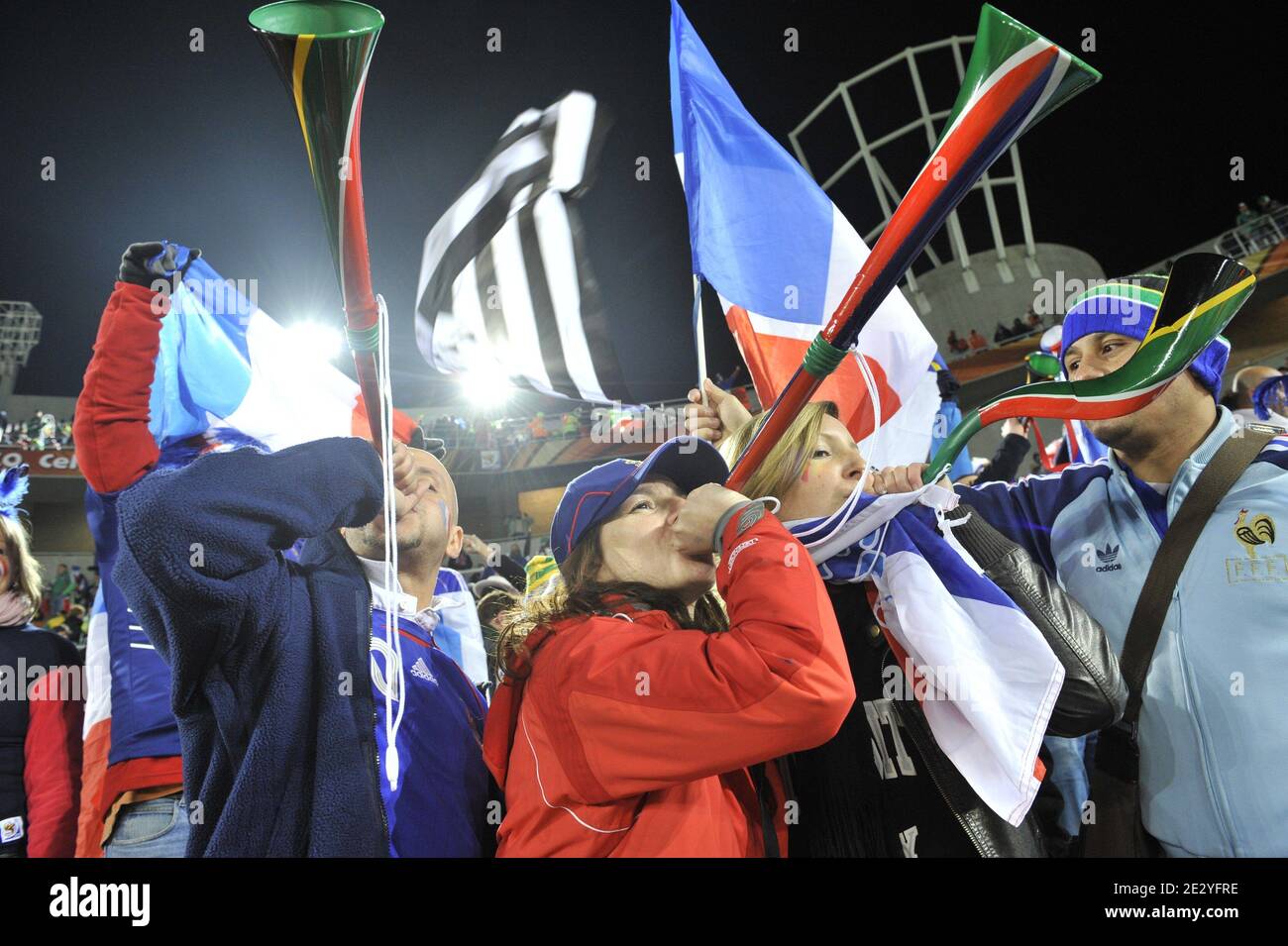 French fans demonstrate prior to the 2010 FIFA World Cup soccer match, Group A, France vs Mexico at Peter Mokaba Stadium, in Polokwane, South Africa on June 17, 2010. France won 2-0. Photo by Christophe Guibbaud/Cameleon/ABACAPRESS.COM Stock Photo