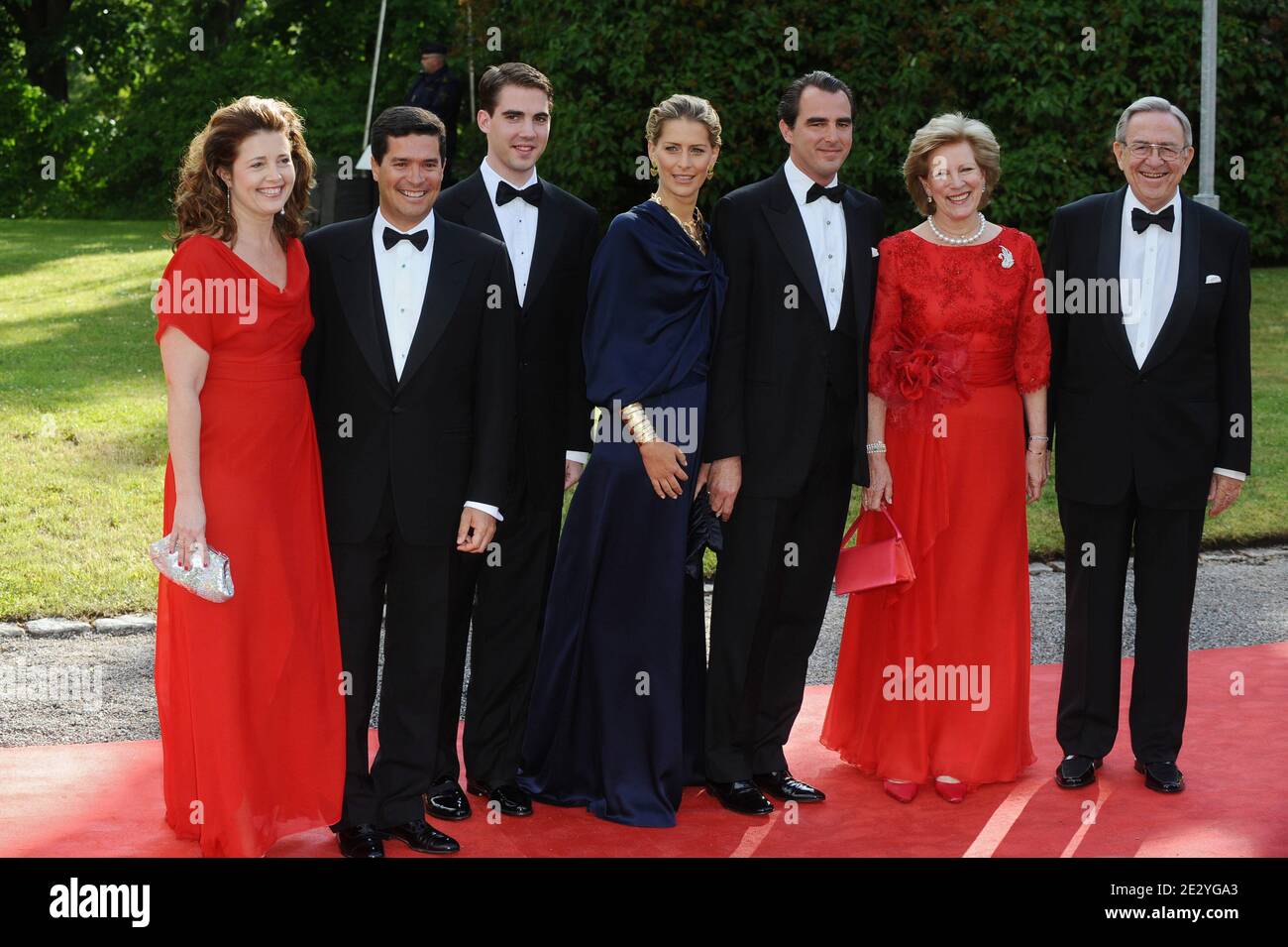 Princess Alexia Morales and husband Carlos Morales, Prince Philippos, Ms Tatiana Blatnik and Prince Nikolaos of Greece, Queen Anne-Marie and King Constantine of Greece arriving at the Swedish government dinner in honour of H.R.H. Crown Princess Victoria and Mr Daniel Westling held at the Eric Ericson hall in Stockholm, Sweden on June 18, 2010. Photo by Mousse-Nebinger-Orban/ABACAPRESS.COM Stock Photo
