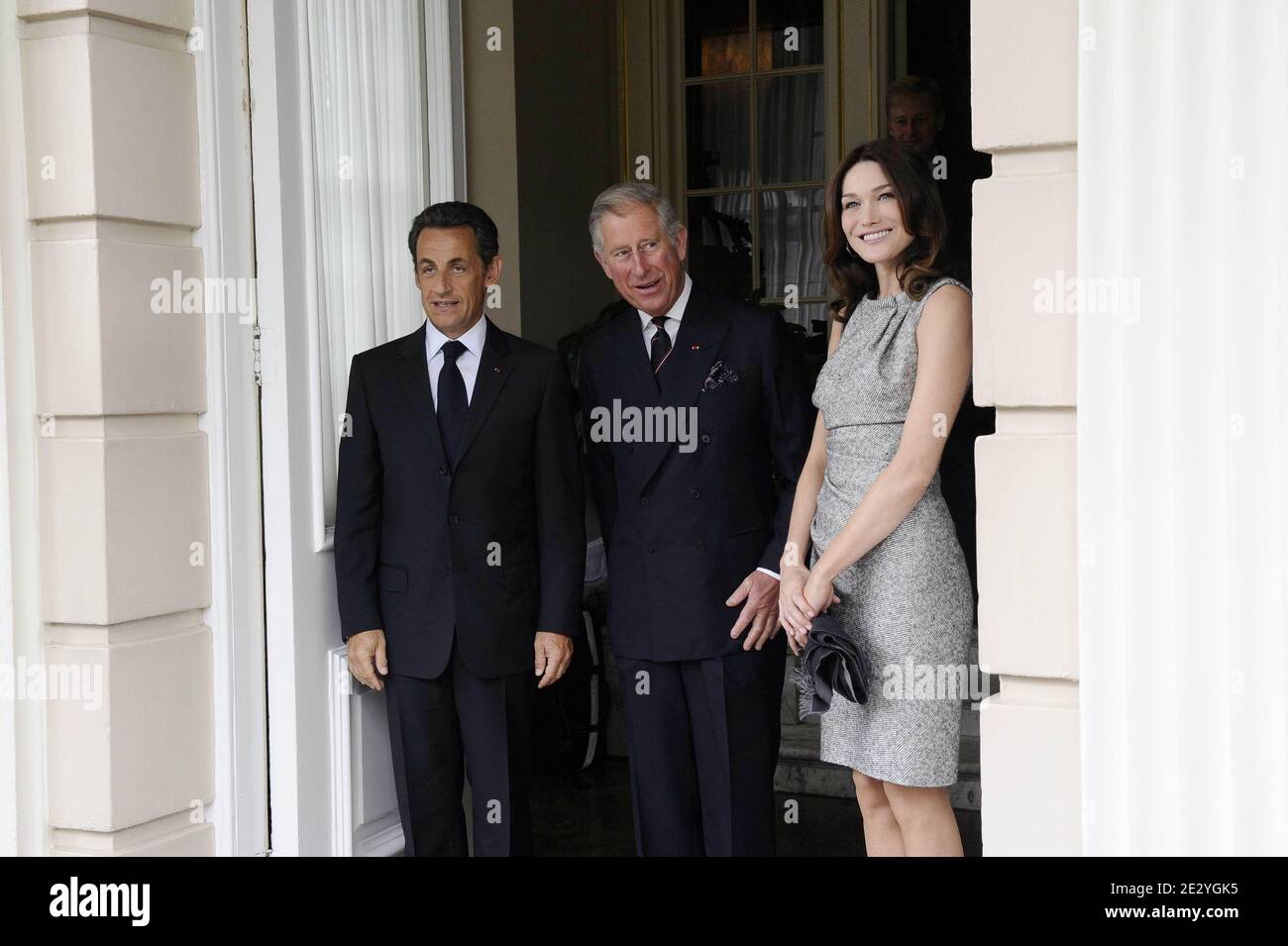 Prince Charles, Prince of Wales greets French President Nicolas Sarkozy and his wife Carla Bruni-Sarkozy at Clarence House in London, UK on June 18, 2010. Nicolas Sarkozy and World War II veterans visited London to mark the 70th anniversary of Charles de Gaulle's rousing radio appeal to his compatriots to resist the Nazi occupation. On June 18, 1940, four days after the fall of Paris and as the French government prepared to sign an armistice with Germany, the exiled military leader issued an impassioned appeal over the BBC airwaves to those back home. Photo by Elodie Gregoire/ABACAPRESS.COM Stock Photo