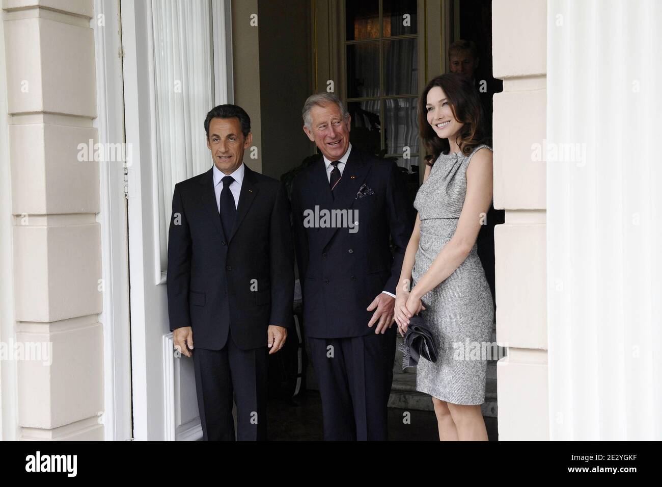 Prince Charles, Prince of Wales greets French President Nicolas Sarkozy and his wife Carla Bruni-Sarkozy at Clarence House in London, UK on June 18, 2010. Nicolas Sarkozy and World War II veterans visited London to mark the 70th anniversary of Charles de Gaulle's rousing radio appeal to his compatriots to resist the Nazi occupation. On June 18, 1940, four days after the fall of Paris and as the French government prepared to sign an armistice with Germany, the exiled military leader issued an impassioned appeal over the BBC airwaves to those back home. Photo by Elodie Gregoire/ABACAPRESS.COM Stock Photo