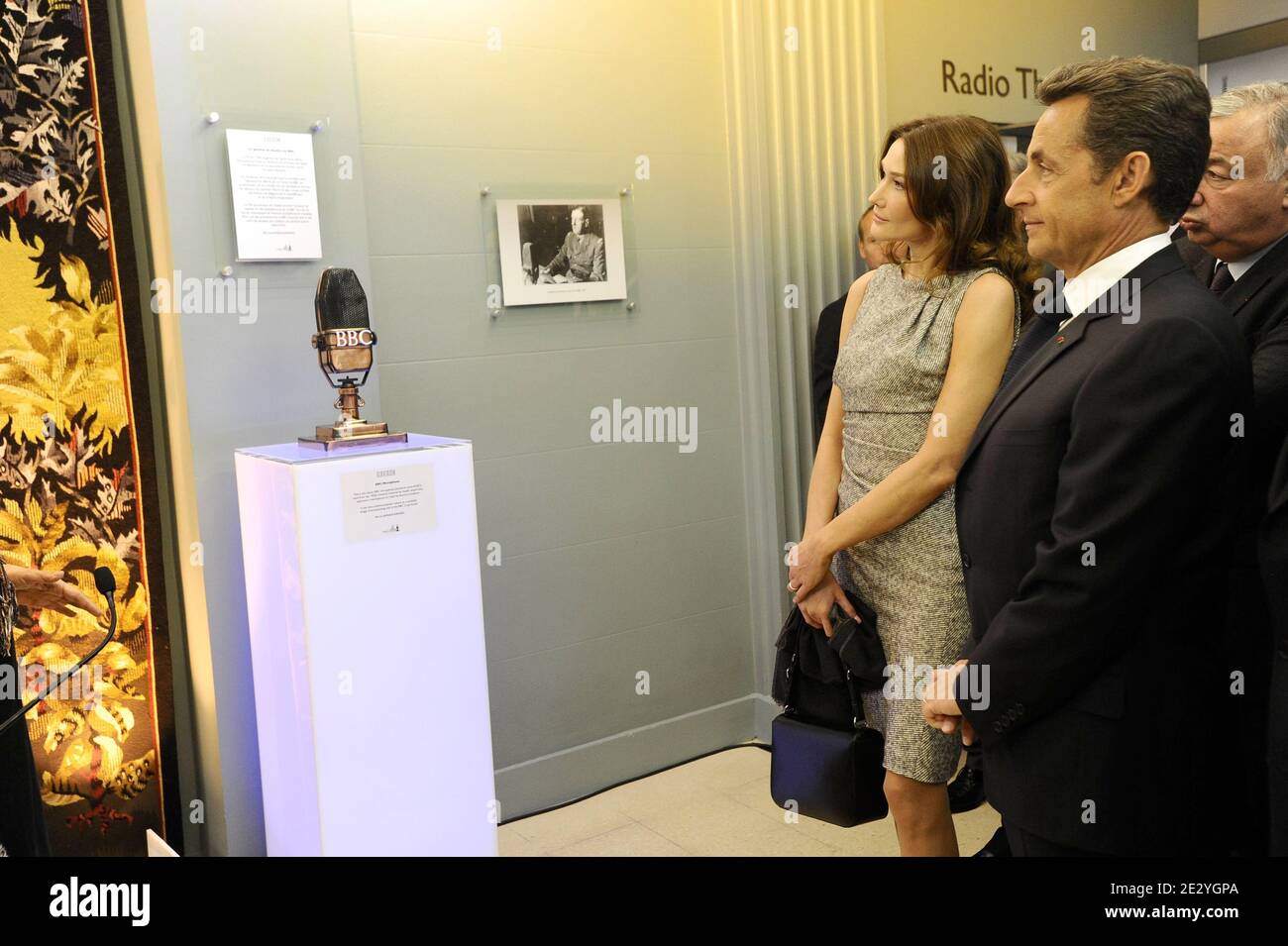 French President Nicolas Sarkozy and wife Carla Bruni-Sarkozy visit the BBC  Broadcasting House in London, UK on June 18, 2010. Nicolas Sarkozy and  World War II veterans visited London to mark the