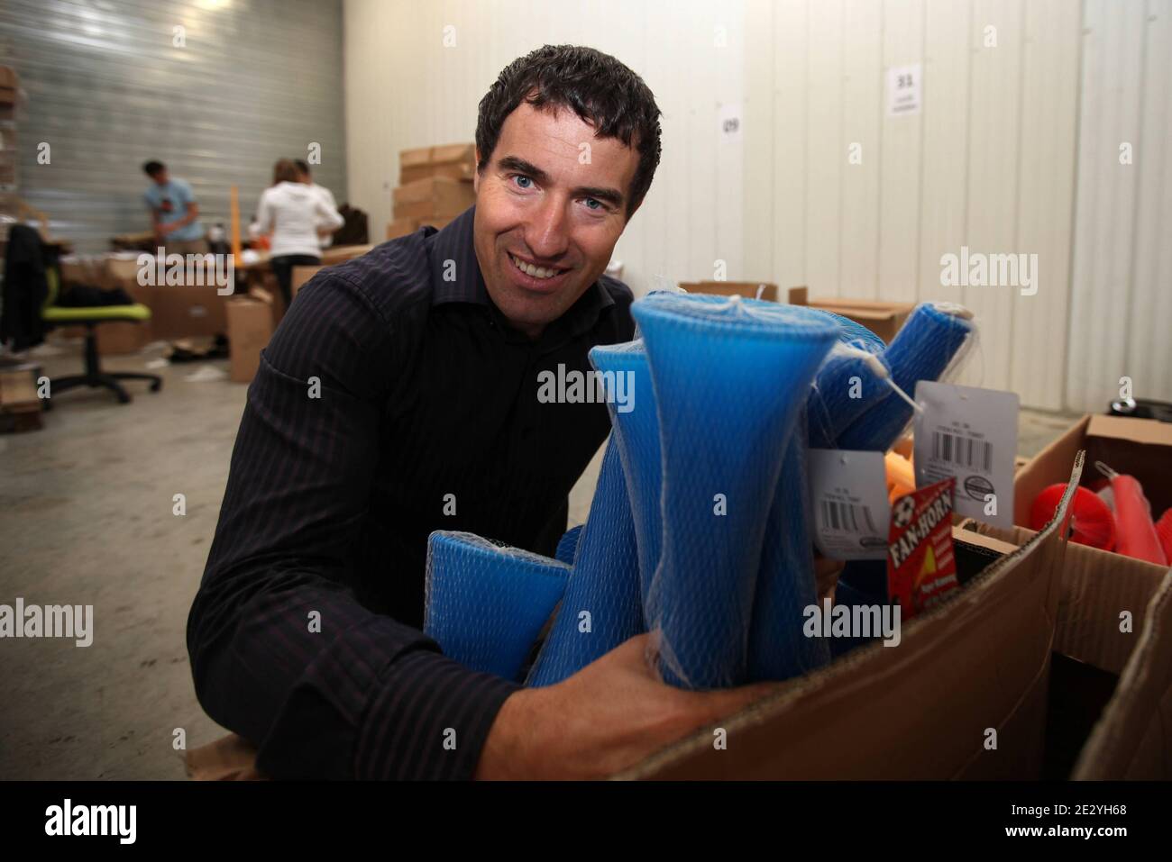 Jose Pecci is the FranceÕs exclusive importer of vuvuzelas. He runs AGM-TEC, based at Beauzelle in the outskirts of Toulouse, southern France, on June 19, 2010. Photo by Manuel Blondeau/ABACAPRESS.COM Stock Photo