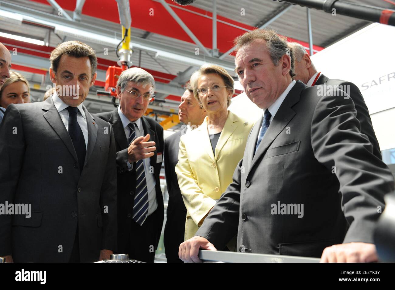 French President Nicolas Sarkozy Flanked By Michele Alliot Marie Christian Estrosi And Francois Bayrou Inaugurates Turbomeca S