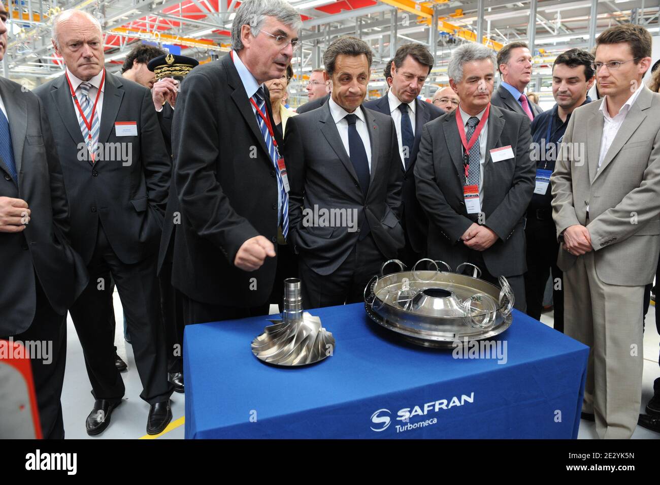 French President Nicolas Sarkozy flanked by Alain Rousset, Michele  Alliot-Marie and Christian Estrosi inaugurates Turbomeca's Joseph  Szydlowski plant in a ceremony attended by Jean Paul Herteman, CRO of Safran,  and Pierre Fabre,
