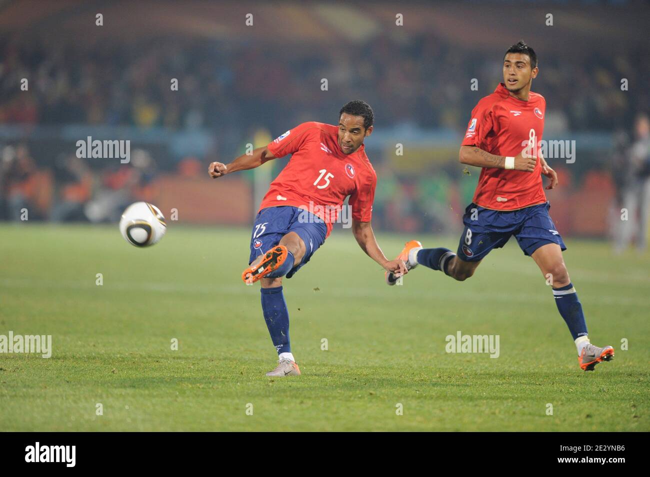 Chile's Jean Beausejour and Arturo Vidal during the 2010 FIFA World Cup South Africa Soccer match, group H, Spain vs Chile at Loftus Versfeld football stadium in Pretoria, South Africa on June 25, 2010. Spain won 2-1. Photo by Henri Szwarc/ABACAPRESS.COM Stock Photo