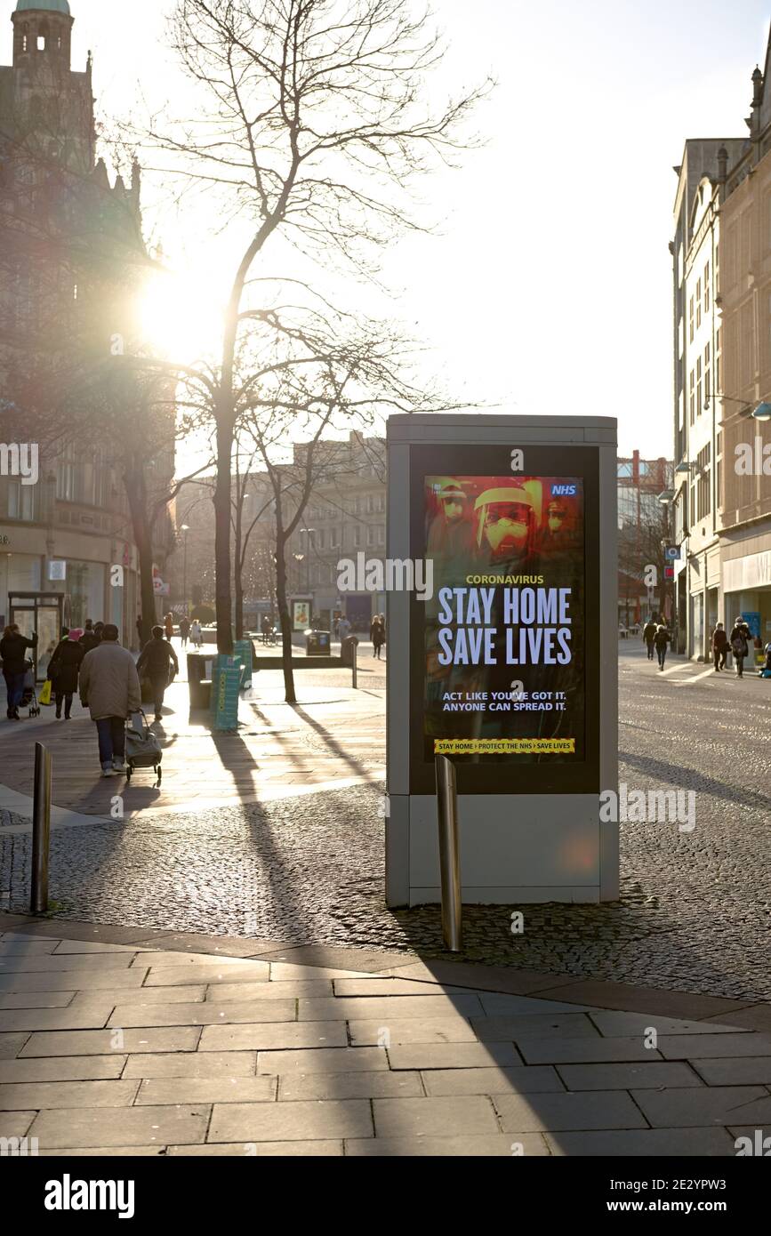Sheffield, United Kingdom, 12th January, 2021: Close up of digital advertising board in fargate, sheffield city, during national COVID-19 lock down Stock Photo