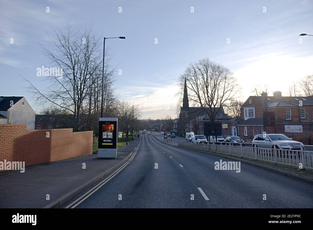 Sheffield, United Kingdom, 12th January, 2021: wide angle of upper hanover street, sheffield ring road, empty due to coronavirus lock down measures Stock Photo