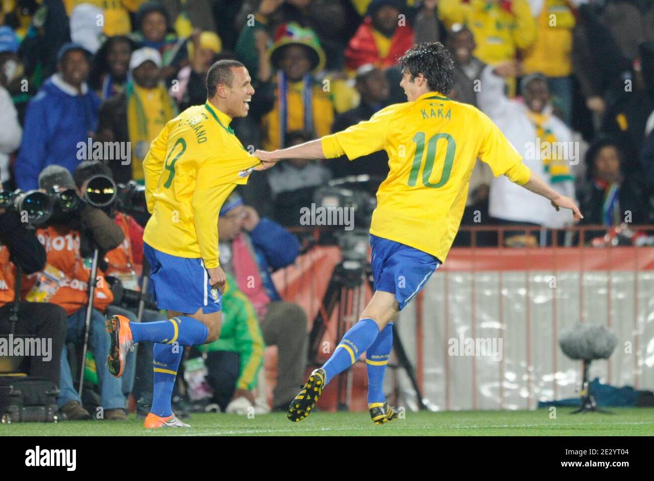 Joy with Kaka after Brazil's Luis Fabiano scores the 2-0 goal during the 2010 FIFA World Cup South Africa 1/8 of final Soccer match, Brazil vs Chile at Ellis Park football stadium in Johannesburg, South Africa on June 28, 2010. Brazil won 3-0. Photo by Henri Szwarc/Cameleon/ABACAPRESS.COM Stock Photo