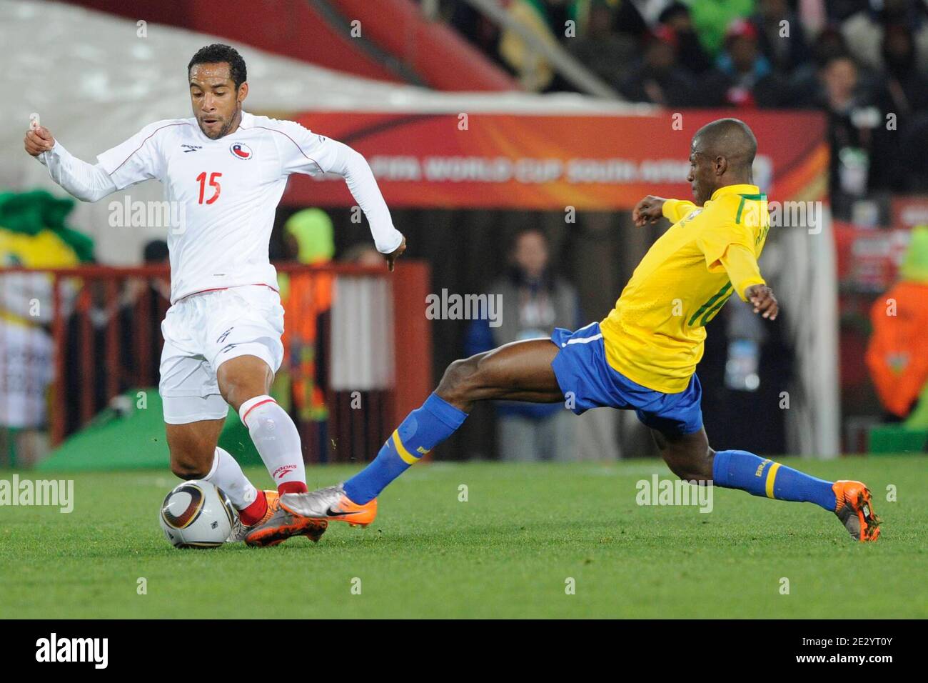 Brazil's Ramires battles Chile's Jean Beausejour during the 2010 FIFA World Cup South Africa 1/8 of final Soccer match, Brazil vs Chile at Ellis Park football stadium in Johannesburg, South Africa on June 28, 2010. Brazil won 3-0. Photo by Henri Szwarc/Cameleon/ABACAPRESS.COM Stock Photo