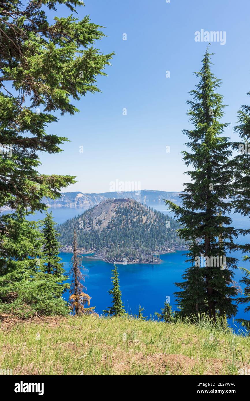 Scenic overlook of Wizard Island in Crater Lake National Park, Oregon Stock Photo