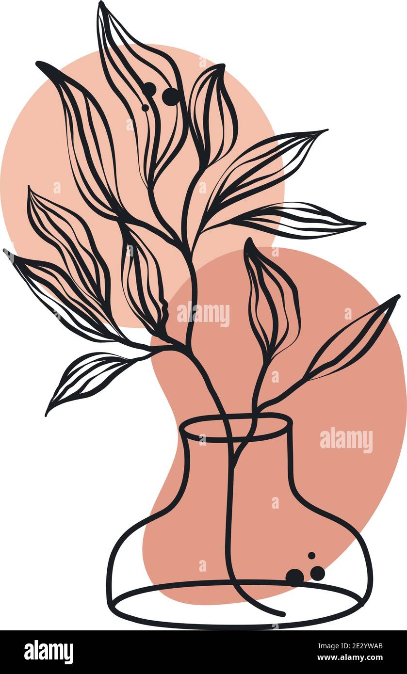 leaves plant decoration in vase line art with colored spot vector