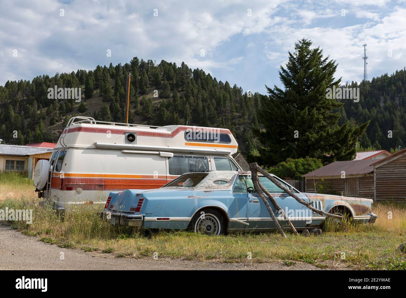An old RV and Lincoln Continental parked in an overgrown lot in the