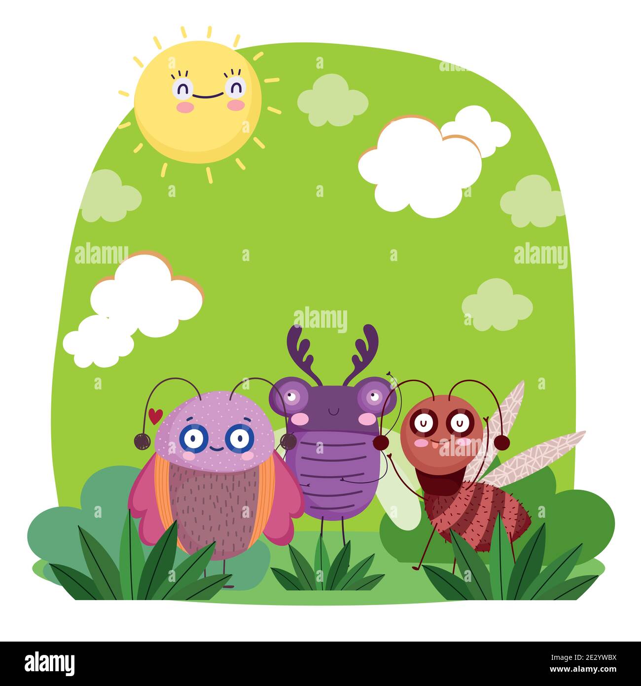 funny bugs animals together grass nature cartoon vector illustration ...