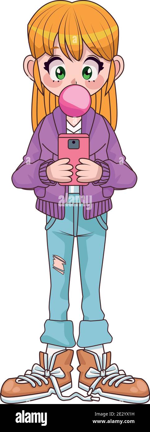 teenager girl using smartphone with Buble gum anime character vector illustration design Stock Vector
