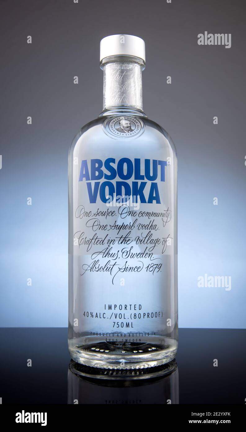 Boise, Idaho, December, 16. Bottle of Swedish Vodka Absolut. Stock Photo