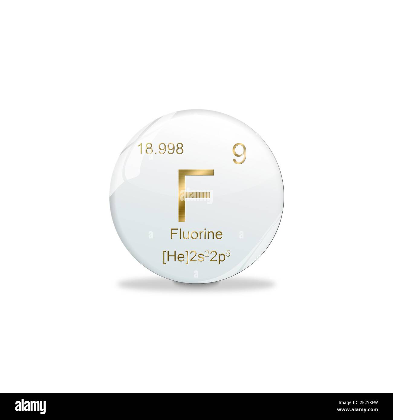 3D-Illustration, Fluorine symbol - F. Element of the periodic table on white ball with golden signs. White background Stock Photo