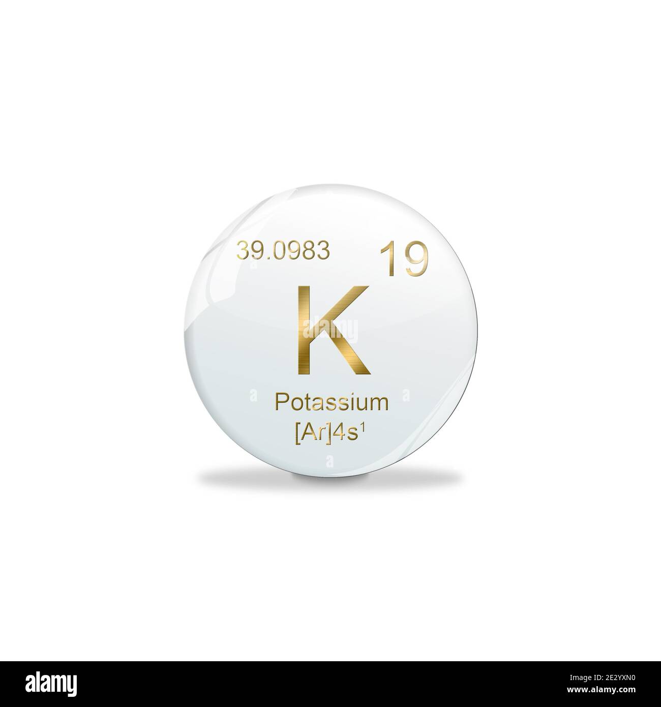 3D-Illustration, Potassium symbol - K. Element of the periodic table on white ball with golden signs. White background Stock Photo