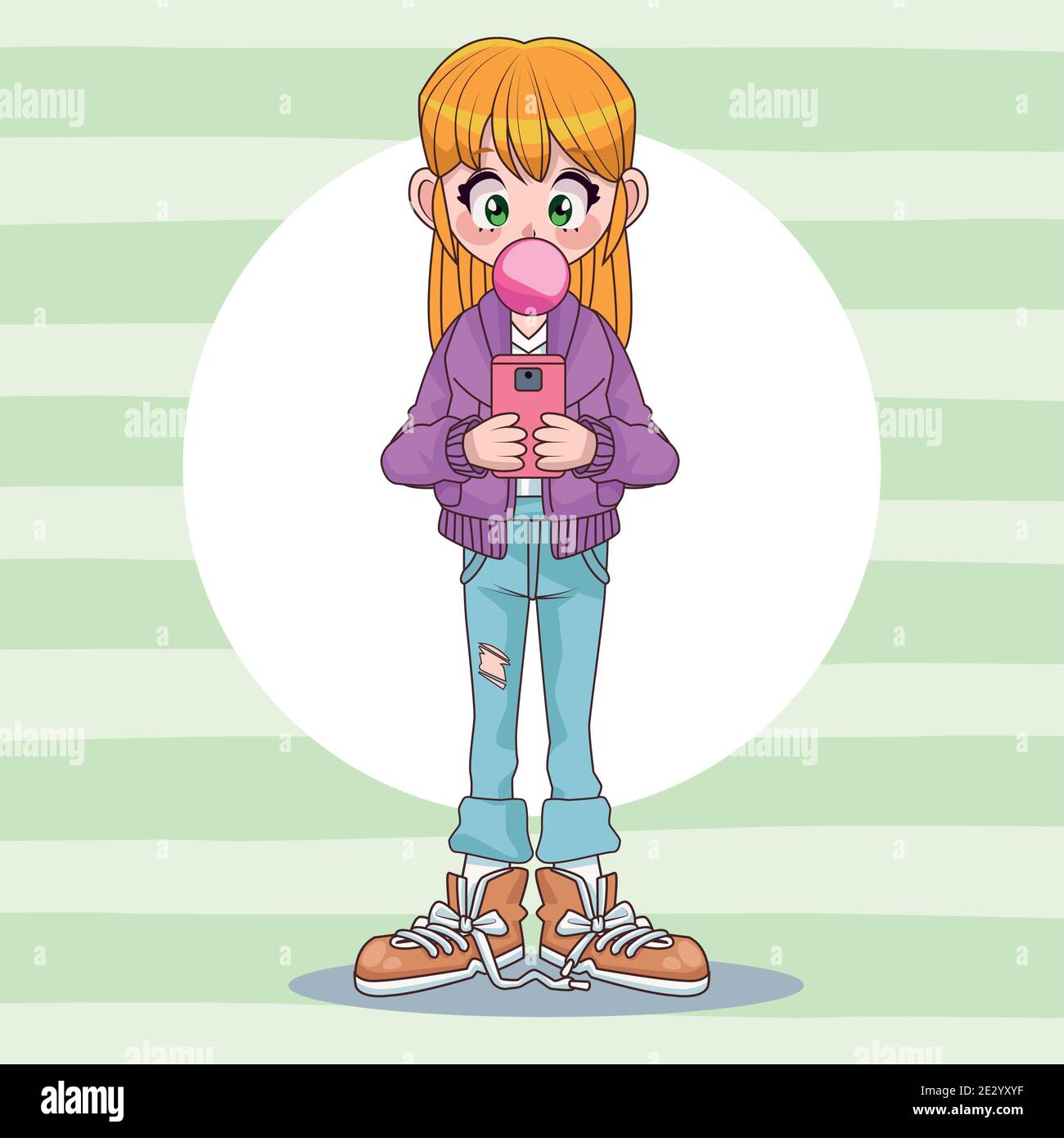 beautiful teenager girl using smartphone with Buble gum anime character vector illustration design Stock Vector
