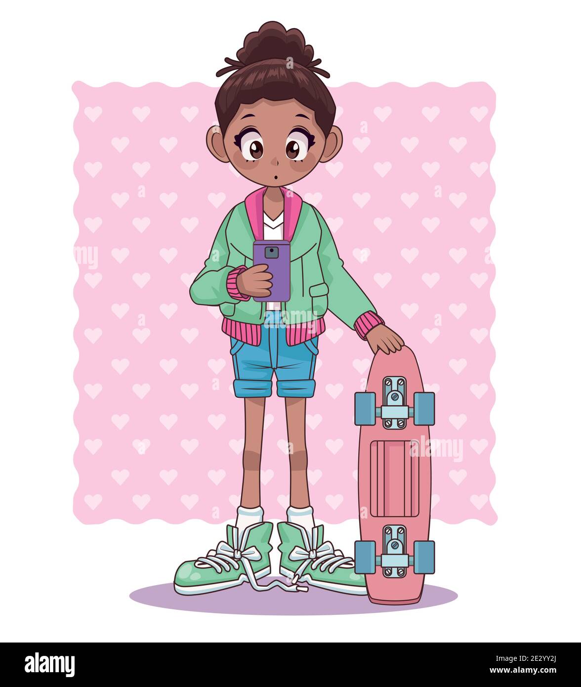 afro teenager girl with skateboard anime character vector