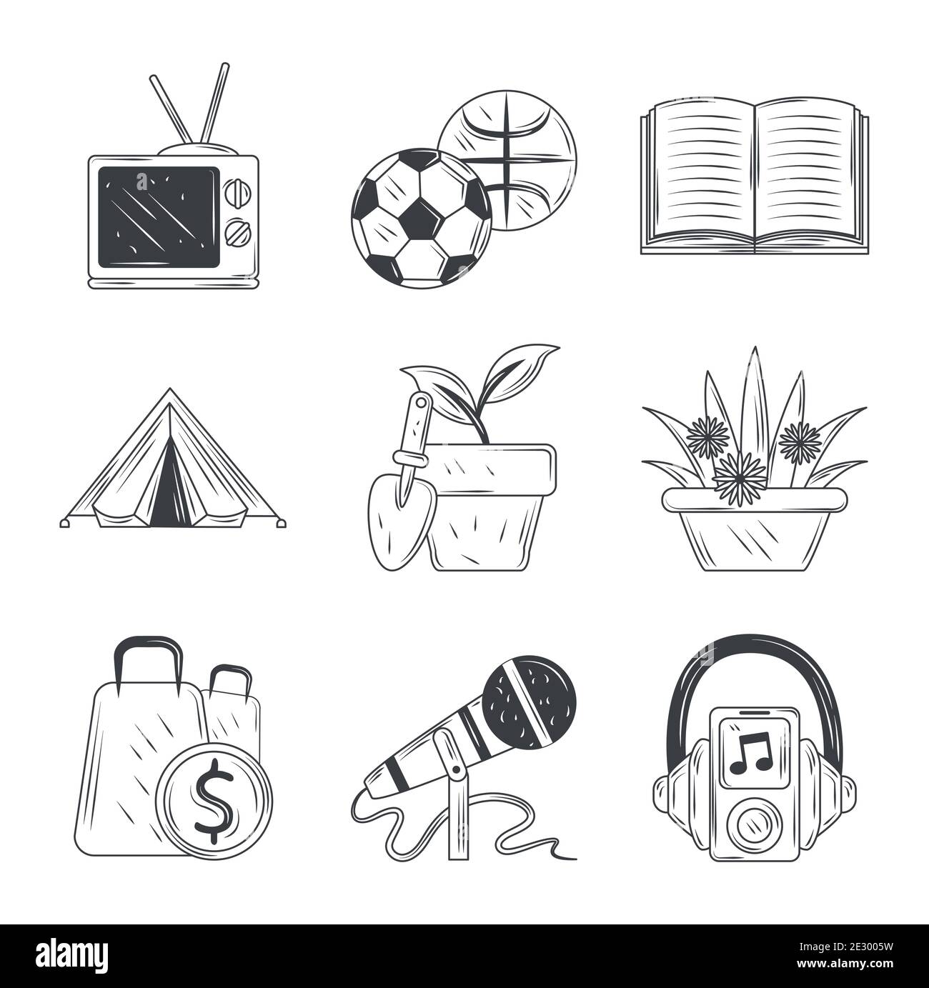 hobbies icons set sport tv music shopping gardening and read sketch  style vector illustration Stock Vector Image  Art  Alamy