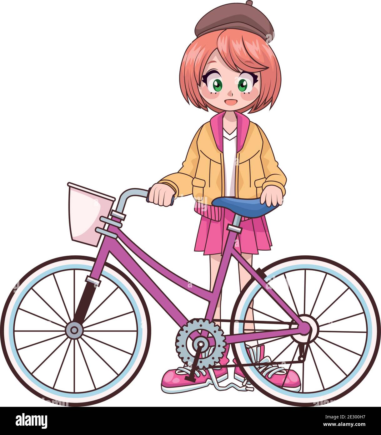 beautiful teenager girl in bicycle anime character vector illustration