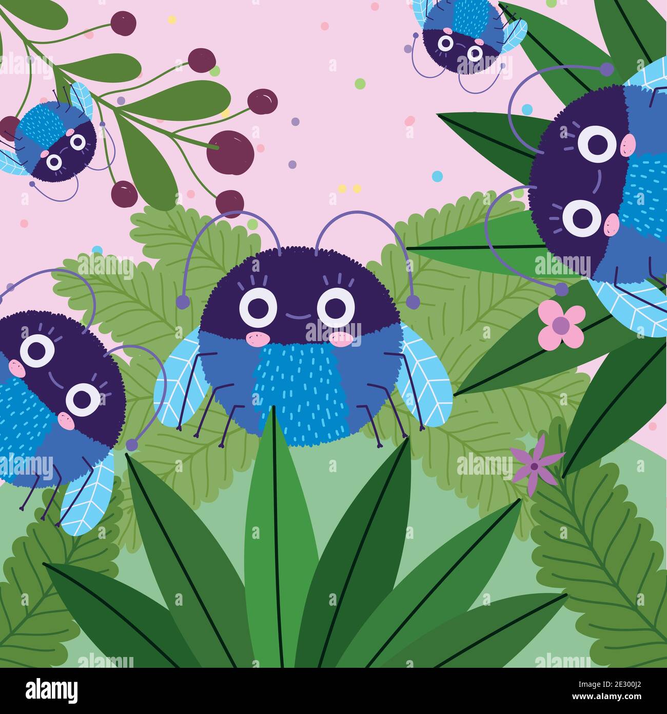 funny blue bug creature animals foliage leaves cartoon vector ...