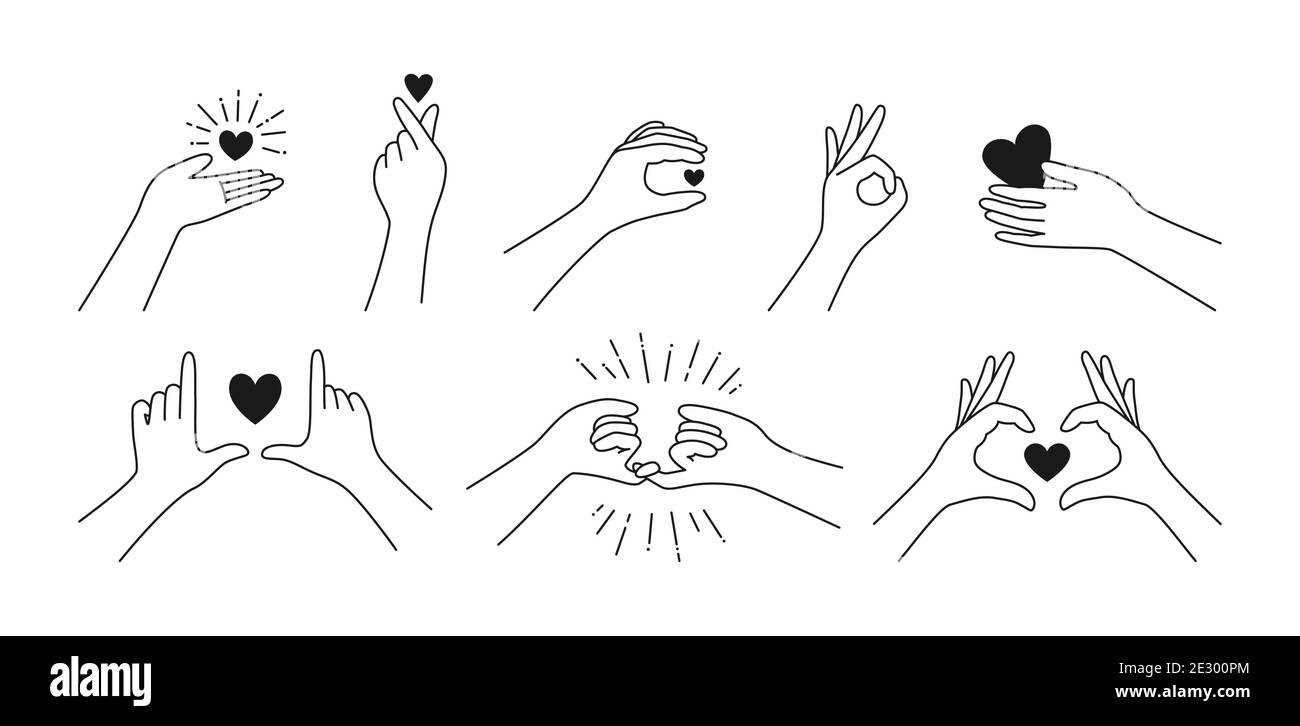 Hand gestures in different poses with hearts set, Finger love symbol.Liner  design template for icon,logo,printing,romantic design elements Vector  illustration.Female hand gestures line art drawing 16625166 Vector Art at  Vecteezy