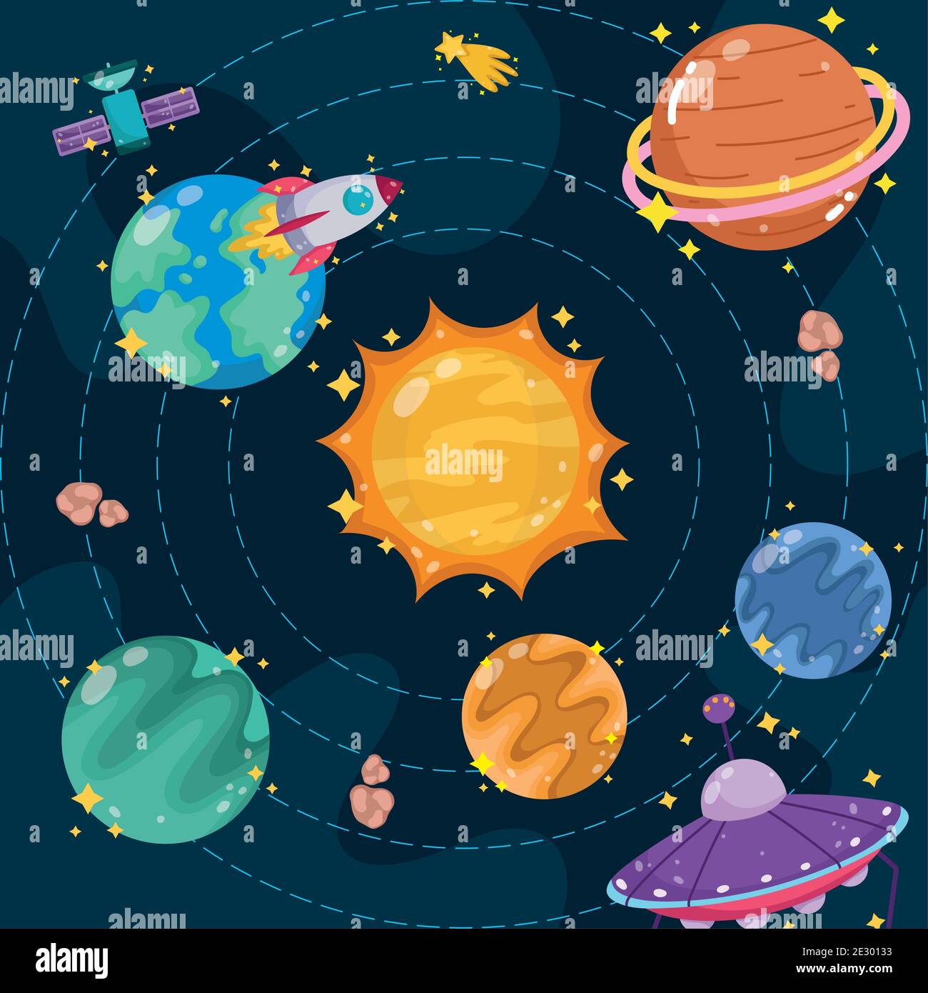 space cartoon solar system planets sun and spaceship explore vector ...