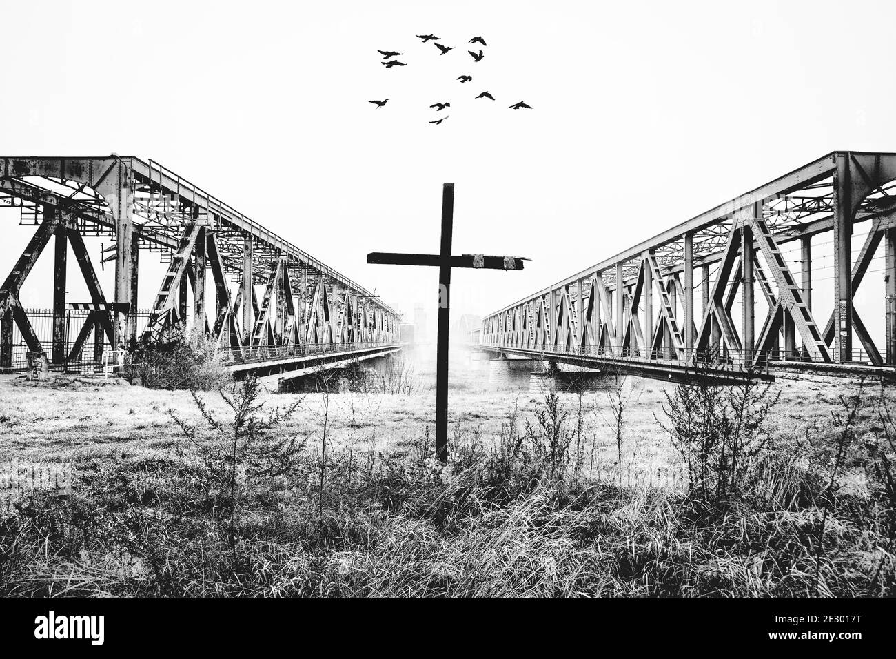 Greyscale illustration of a cross between two railways Stock Photo - Alamy