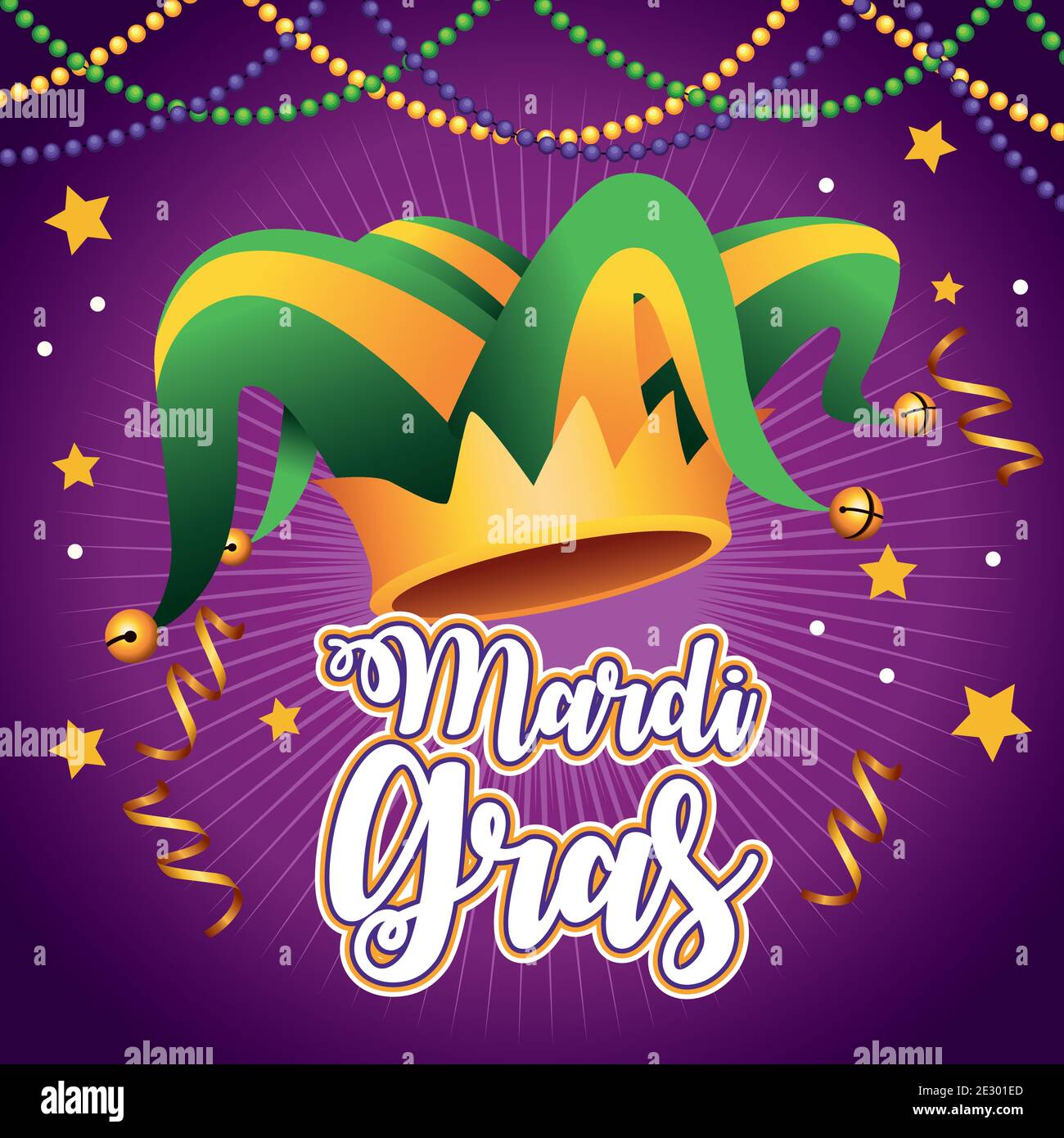 Mardi Gras Carnival Lettering With Jester Hat And Garlands Vector Illustration Design Stock