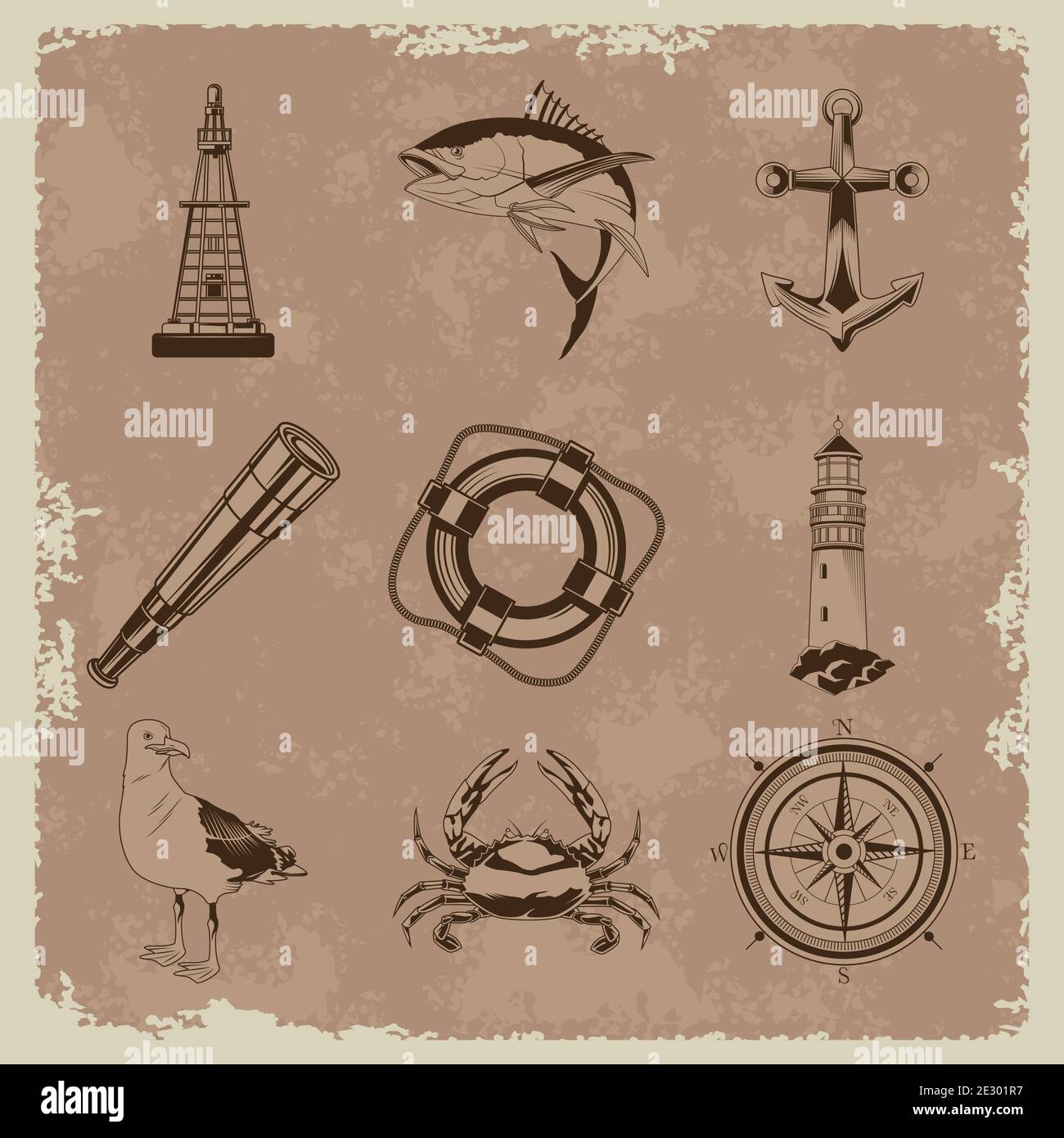 bundle of nine nautical gray elements set icons in vintage background ...