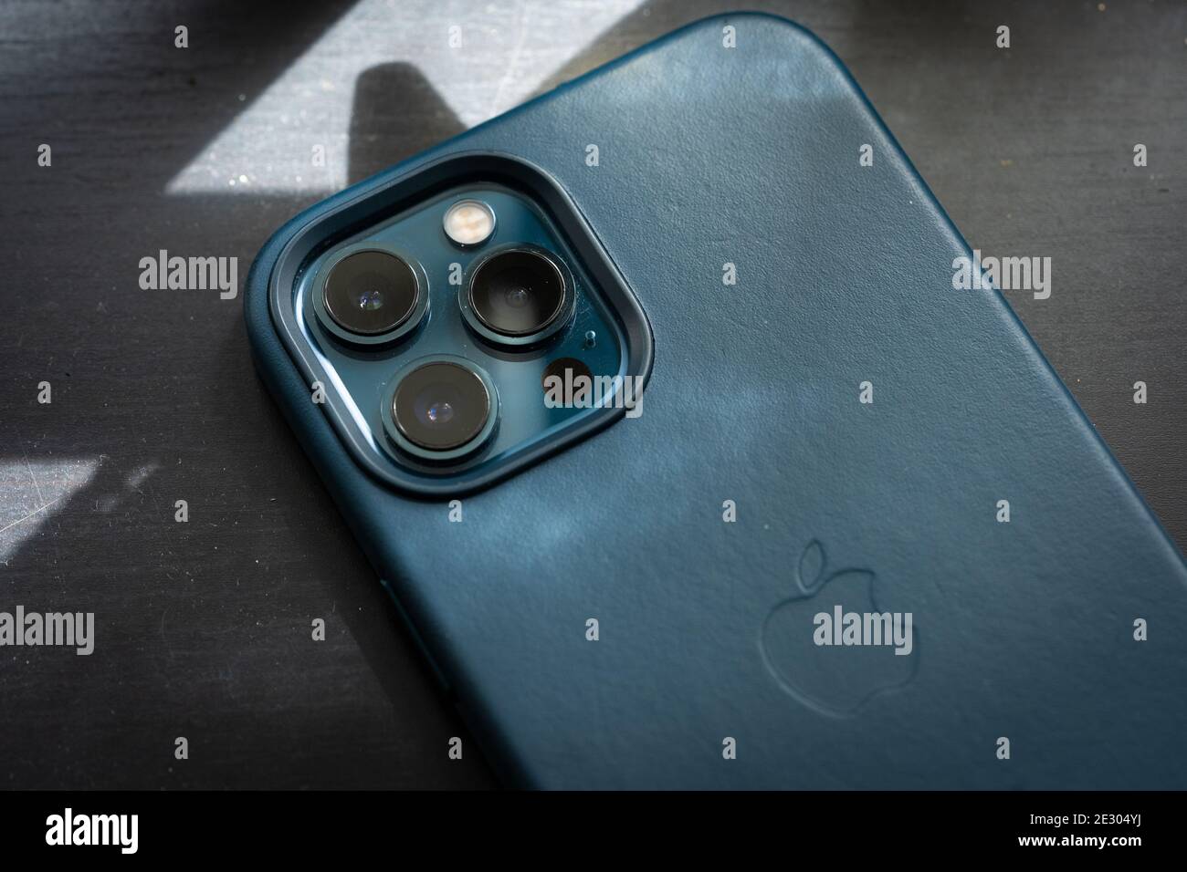 The New Iphone 12 Pro Max Pacific Blue Colour Stock Photo Alamy