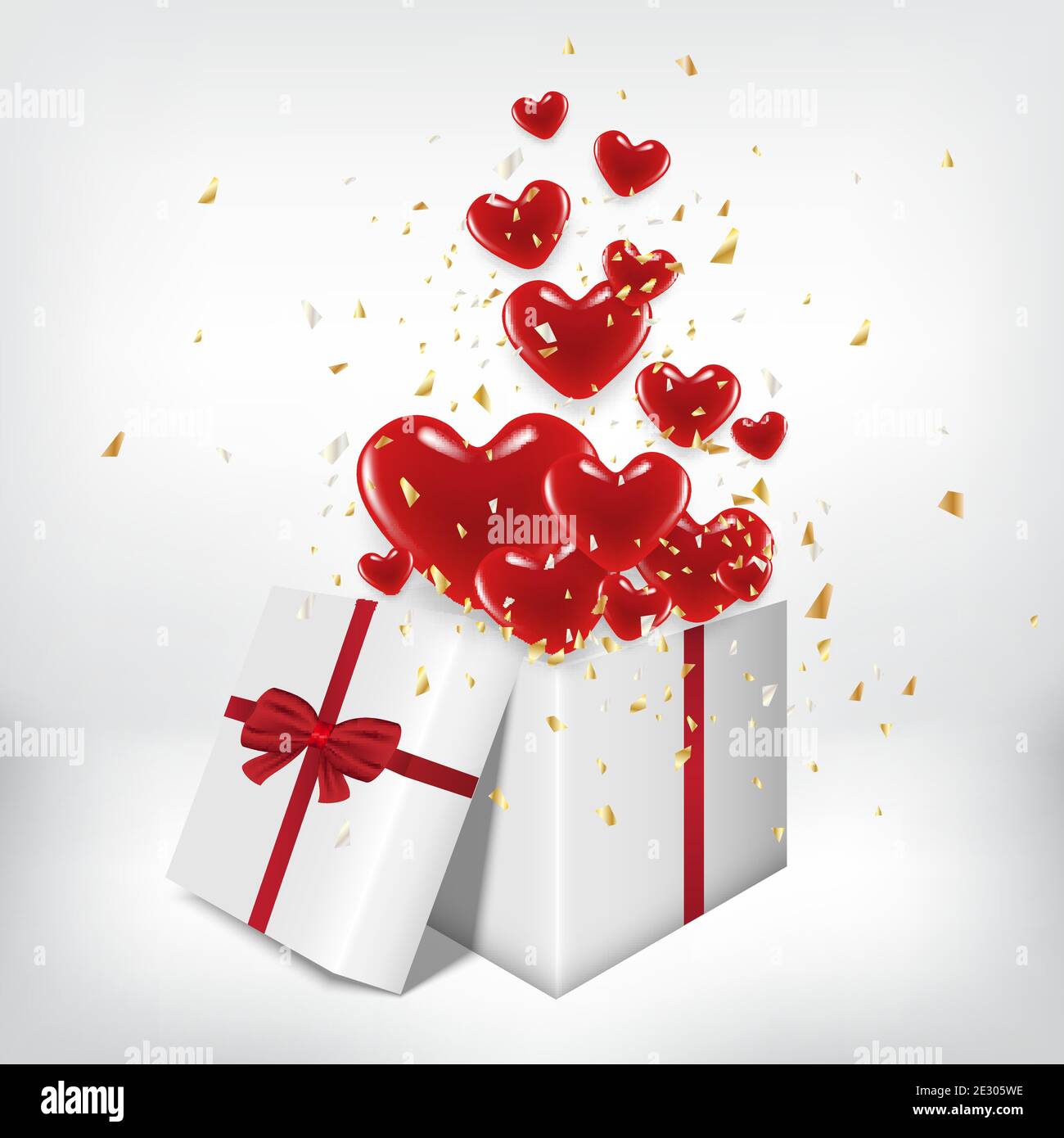 White gift box open and red heart balloon float out with grey room ...