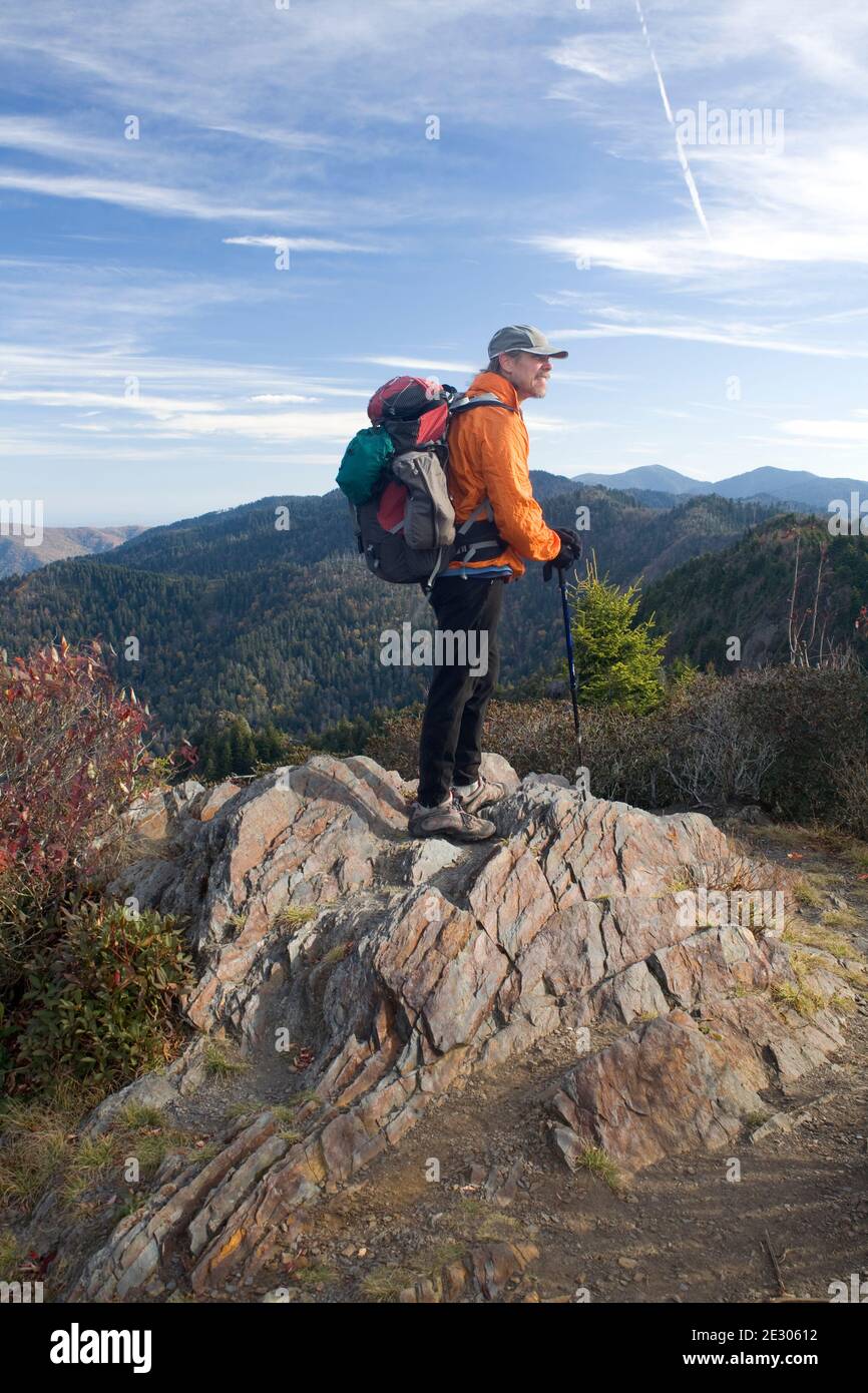 NC00171-00...NORTH CAROLINA - Hiker on the summit of Charlies Bunion along the Appalachian Trail north of Newfound Gap in Great Smoky Mountains NP. Stock Photo
