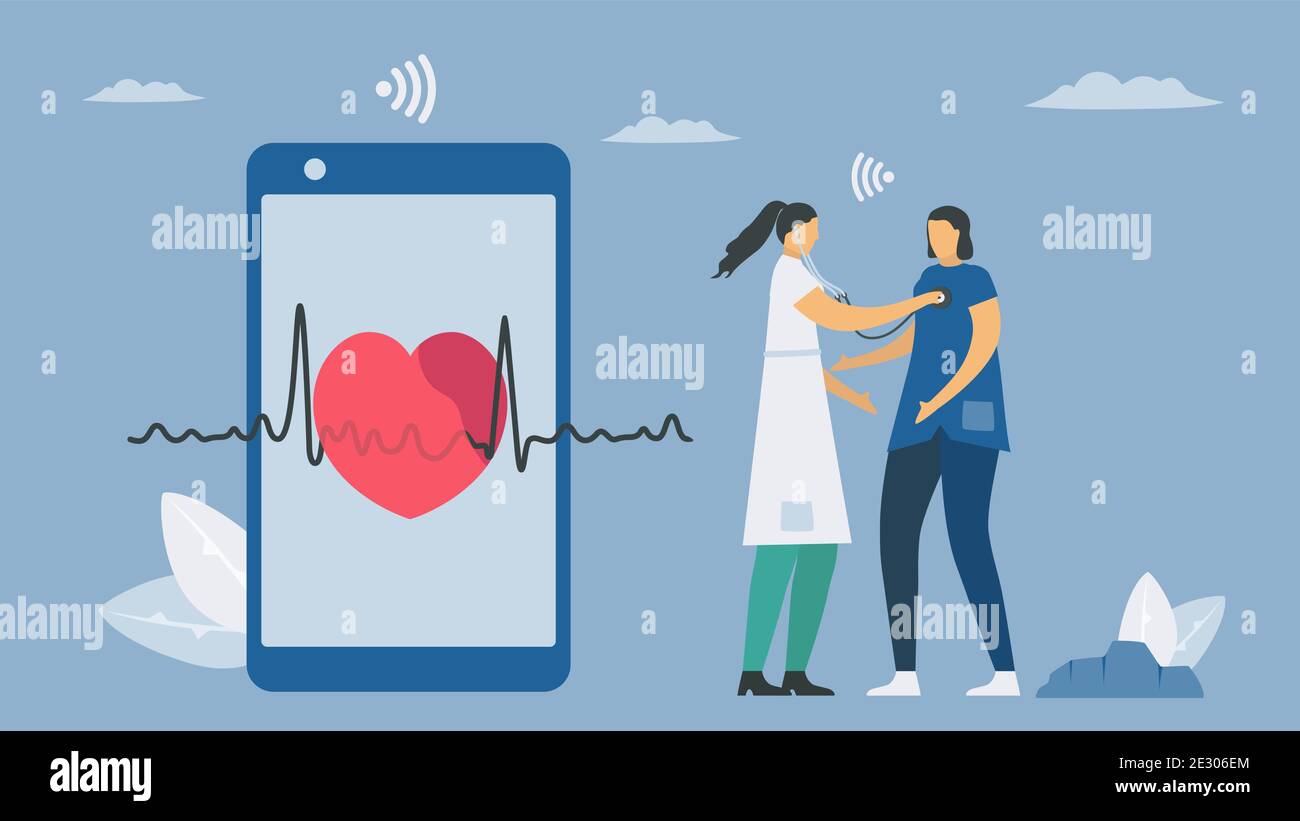 Wireless digital stethoscope. New technology for heart rate checking. Vector elements isolated on blue background. Stock Vector