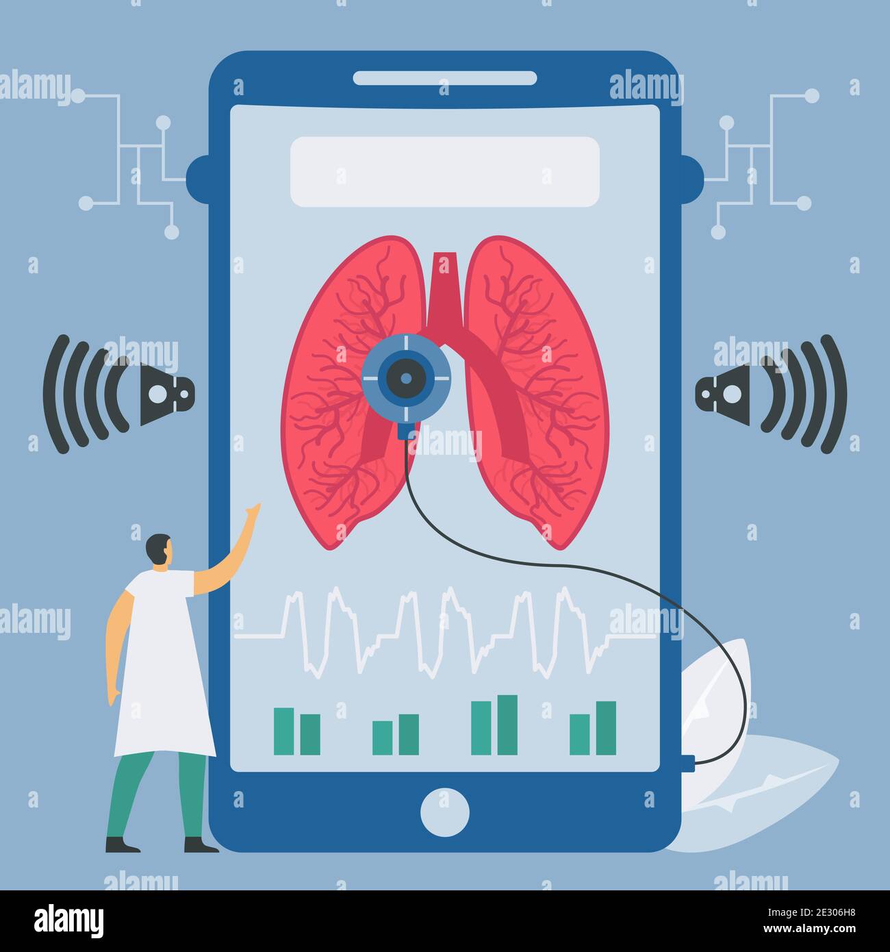 New technology for lung sound checking on smartphone. Vector elements isolated on blue background. Stock Vector