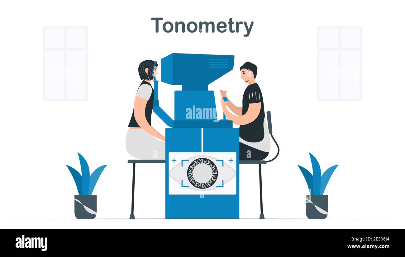 Doctor uses tonometry to determine intraocular and fluid pressure inside eyes. Illustrated vector isolates on white background. Stock Vector