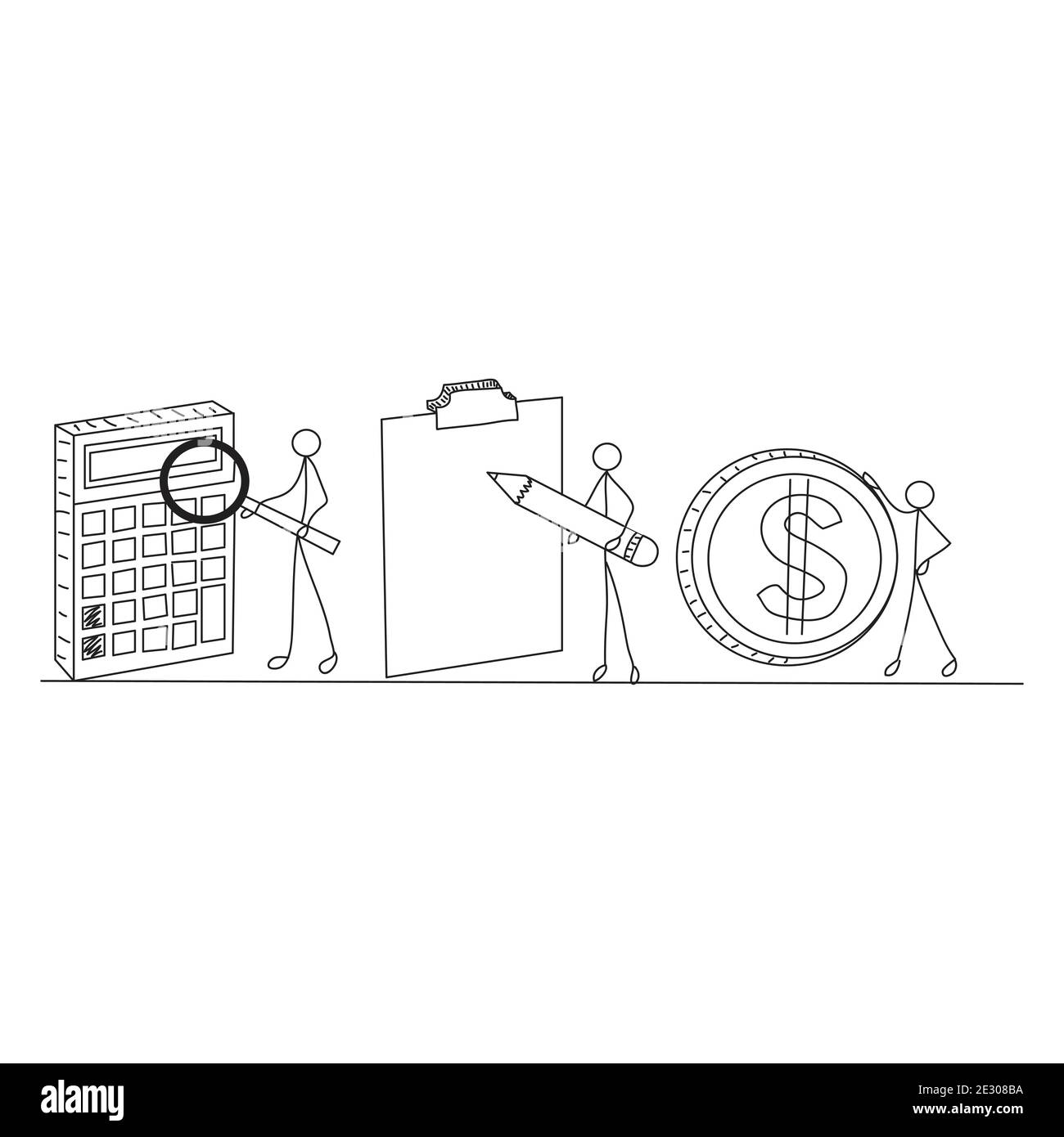Illustration hand drawn concept of stick figure or business professional executive successful teamwork, people working for project presentation cartoo Stock Vector