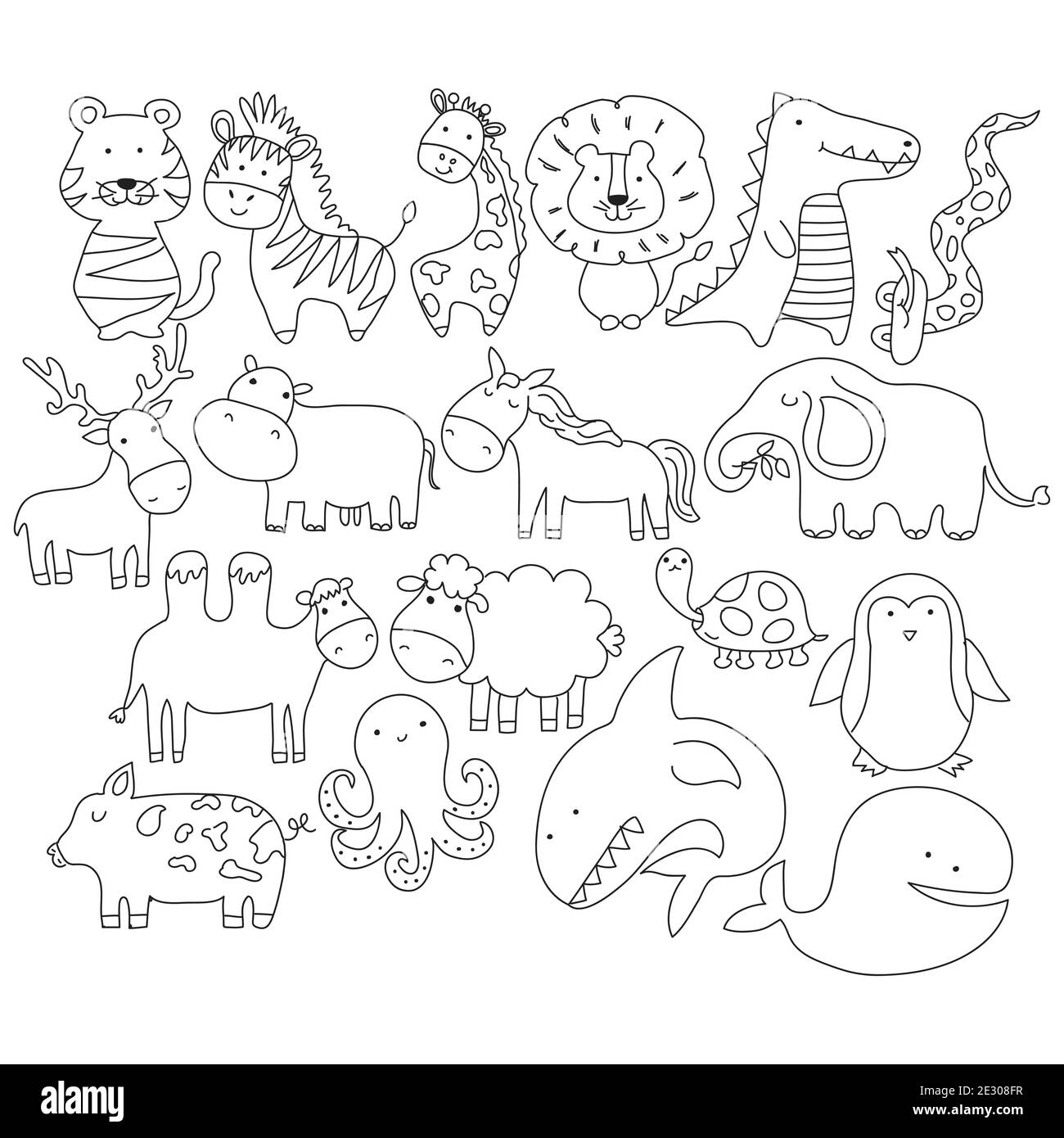 Vector cartoon big set of cute doodle animals. Perfect for postcard, birthday, baby book, children room Stock Vector
