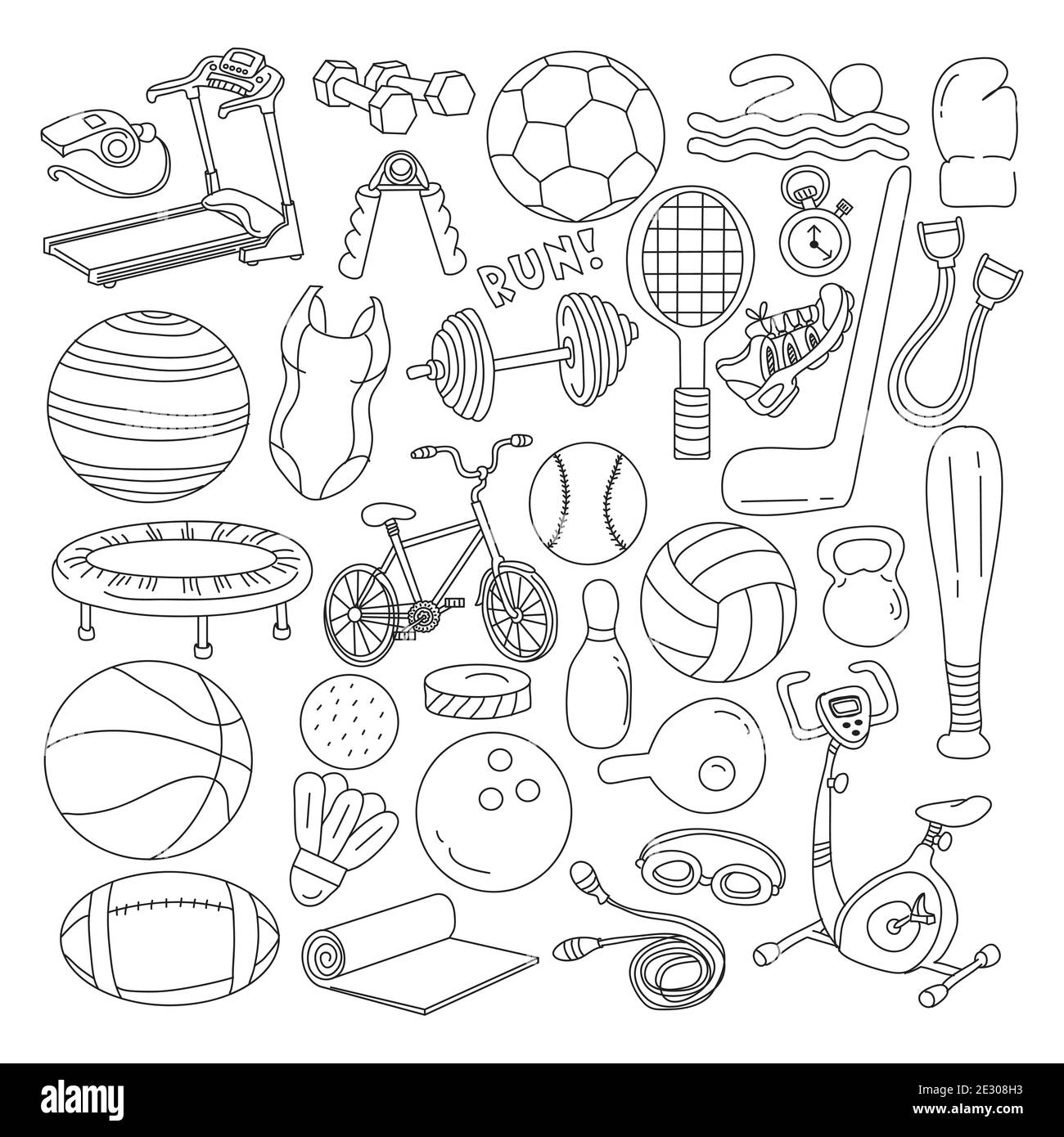 Fitness doodles set. Sport equipment, exercise machines and training accessories Stock Vector