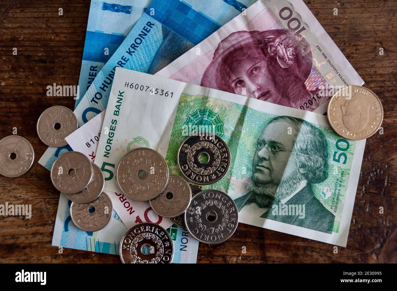 Norwegian Crowns Coins And Notes On A Wooden Table Several Notes And norwegian-crowns-coins-and-notes-on-a-wooden-table-several-notes-and