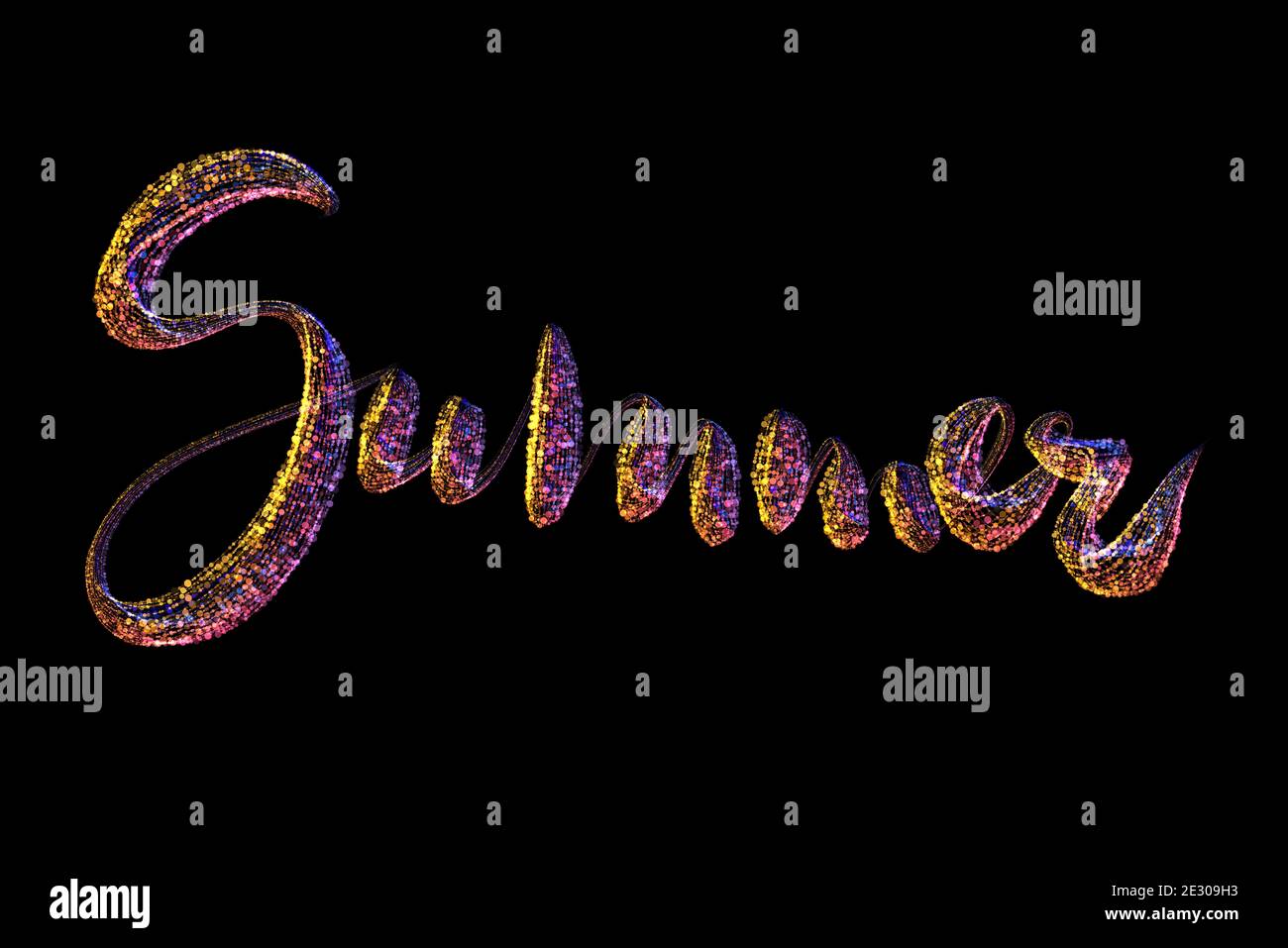 Summer lettering made by colorful rainbow circles confetti lettering over black background Stock Photo