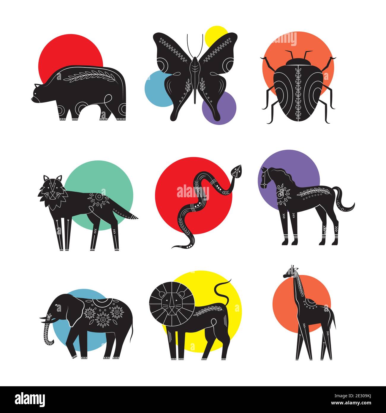 bundle of nine animals contemporary silhouettes nature icons Stock ...