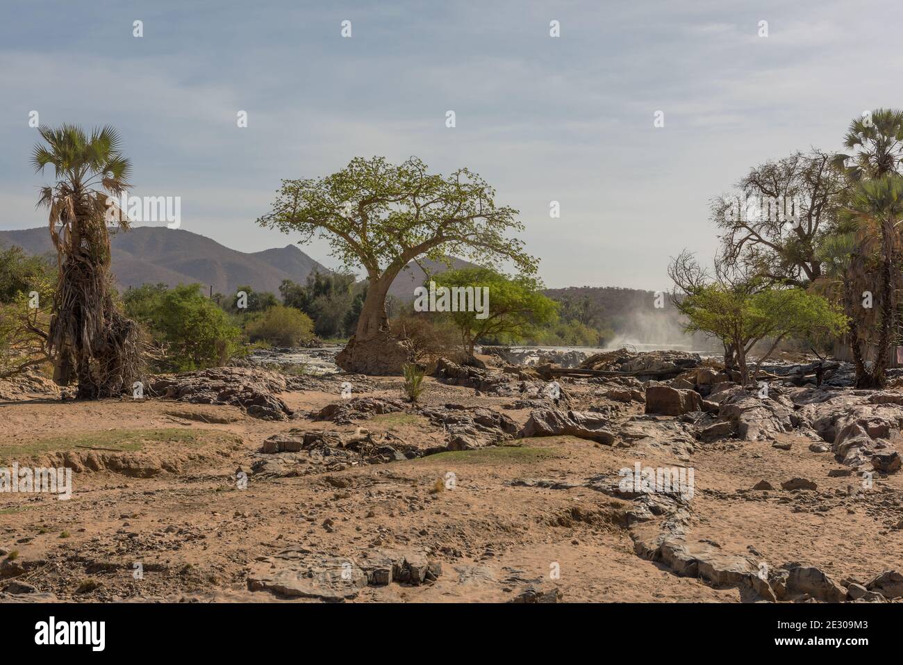 Landscape on the banks of the Kunene River, the border river between Namibia and Angola Stock Photo