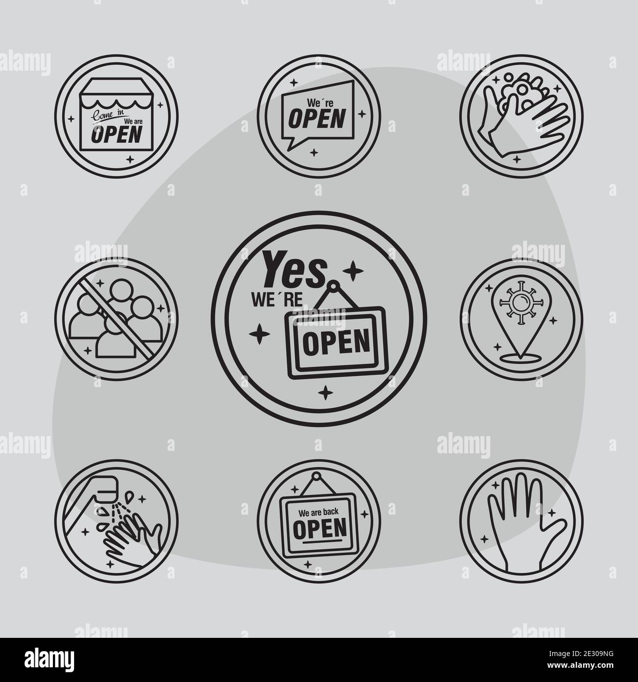 bundle of nine reopening labels set line style icons in gray background ...