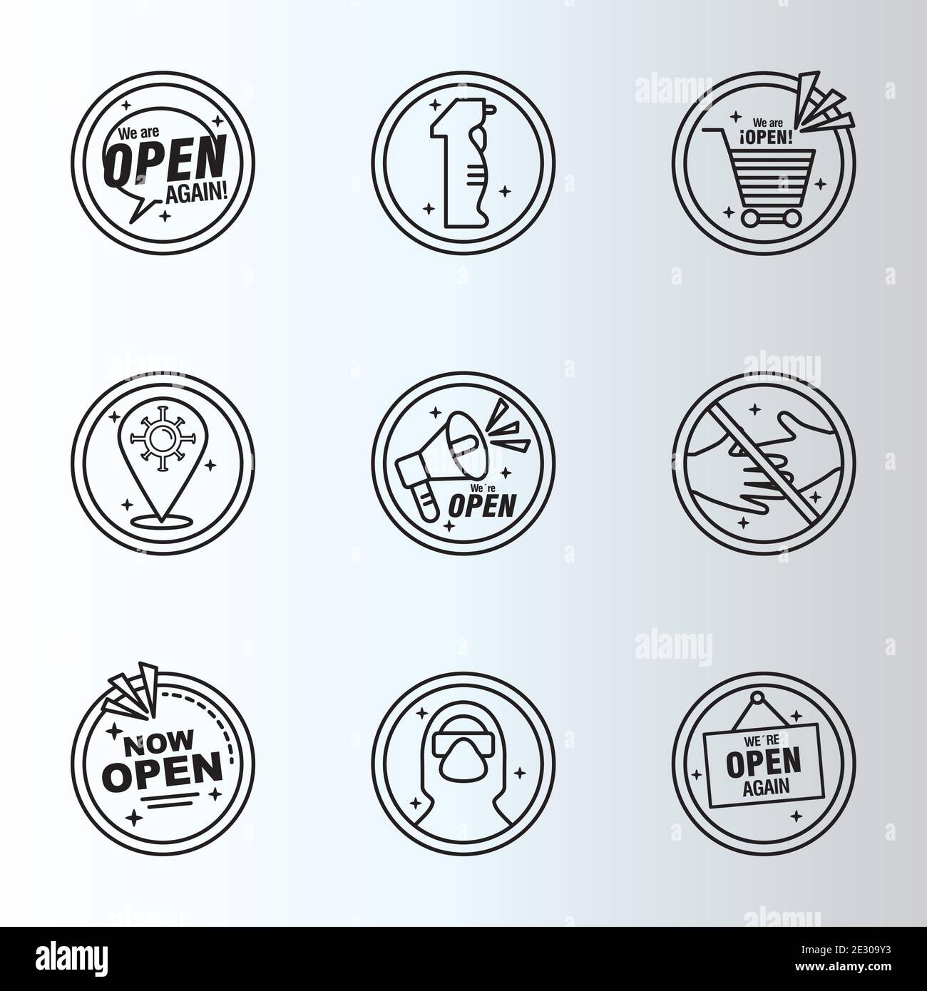 bundle of nine reopening labels stickers set line style icons Stock ...