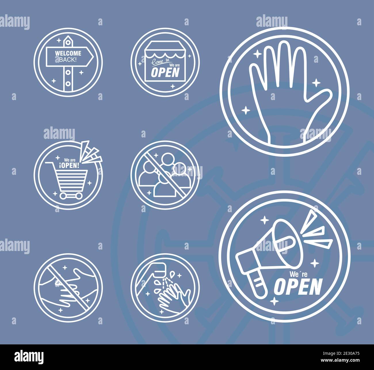 bundle of eight reopening labels stickers set line style icons Stock ...