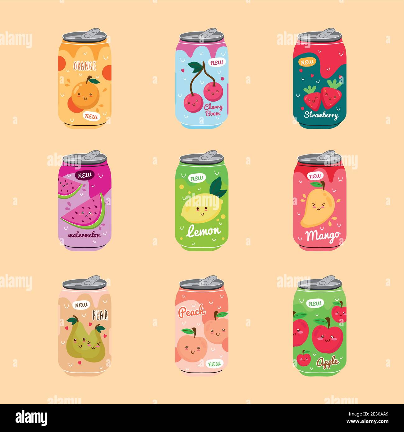 bundle of nine juices fruits cans with kawaii characters Stock Vector