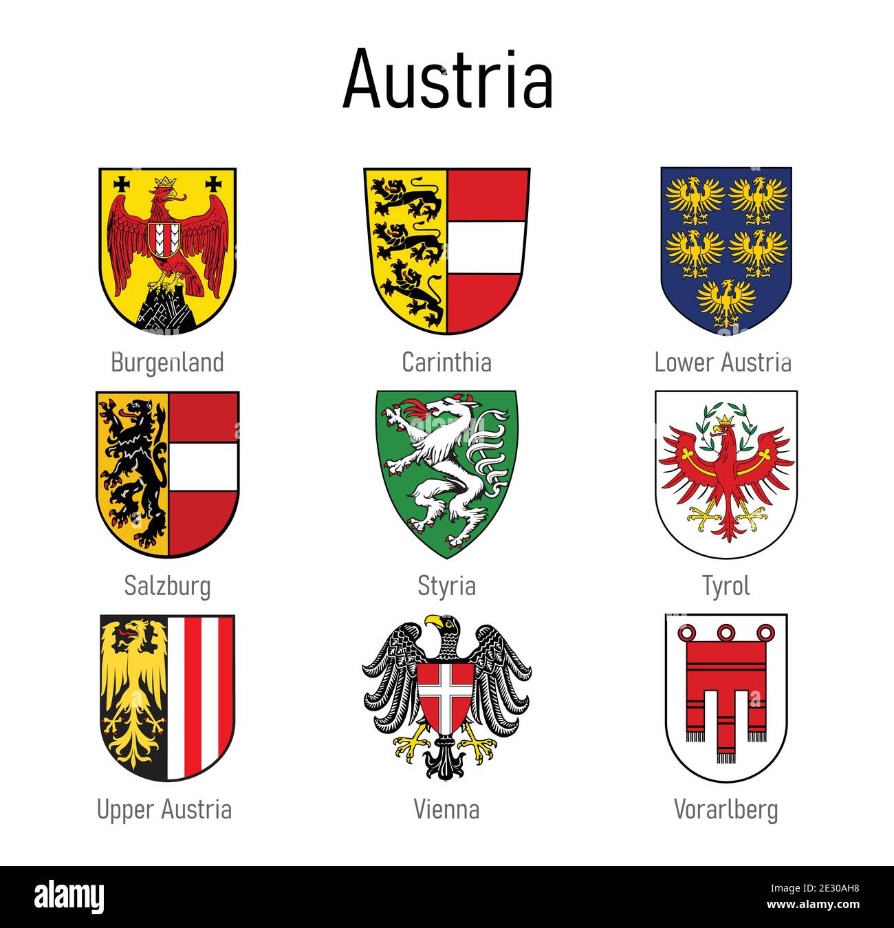 Coat of arms of the states of Austria, All Austrian regions emblem collection Stock Vector
